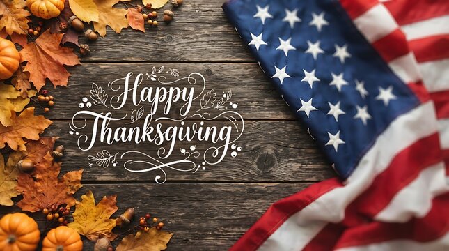 Happy thanksgiving greeting with american flag and autumn leaves on a rustic wooden background for seasonal holiday celebration