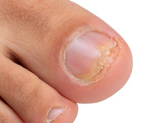 Fototapeta premium Close‑up of toenail fungal infection, onychomycosis symptom, yellow thickened damaged nail, foot skin disease, medical clinical material on white background
