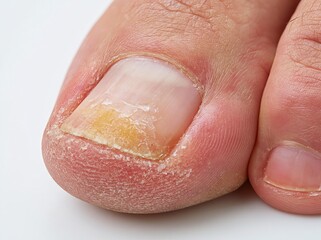 Fototapeta premium Close‑up of toenail fungal infection, onychomycosis symptom, yellow thickened damaged nail, foot skin disease, medical clinical material on white background