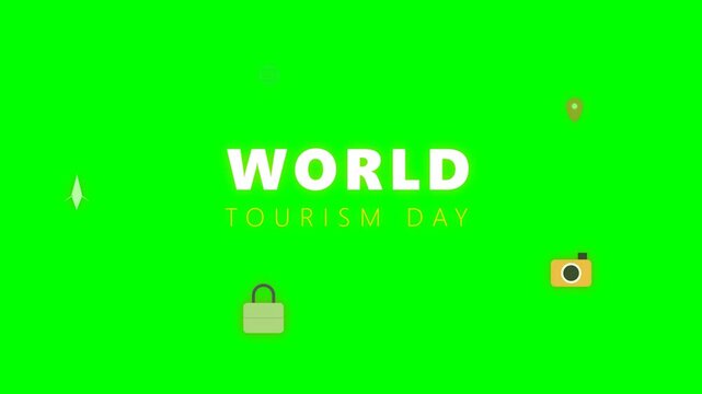 World Tourism Day Celebration Animation Background with Icons of Travel, Airplane, Globe, and Camera on Green Screen Backdrop for Chroma Keying.