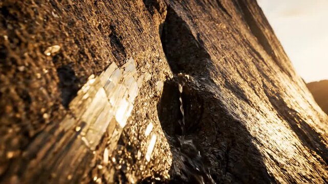 Sunlight reflecting off wet rock face