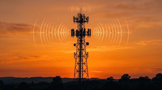 Telecommunications tower emitting radio waves signal against dramatic orange sunset sky silhouette, wireless network connectivity mobile data transmission internet infrastructure