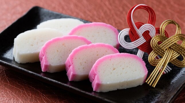Slices of kamaboko fish cake served on black rectangular plate with festive red white, gold mizuhiki ornaments. Japanese seafood delicacy prepared for New Year celebration. Traditional steamed surimi