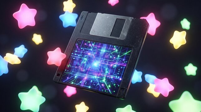 Retro Floppy Disk with Glowing Digital Circuit Board Design and Colorful Stars