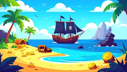 Obraz premium Pirate Ship Sailing Towards a Tropical Island with Treasure Chests and Palm Trees.