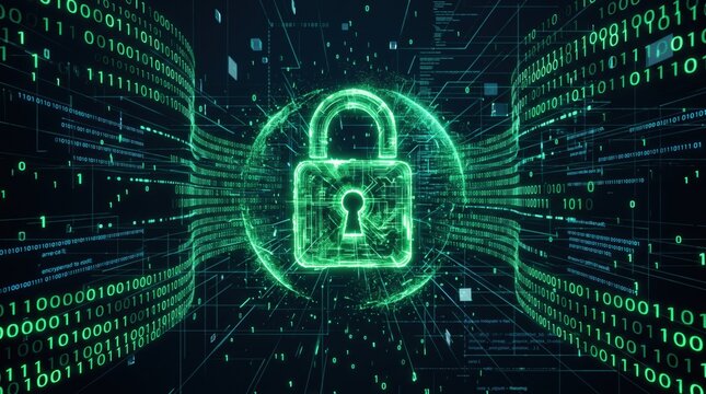Futuristic cyber security with glowing green digital padlock, binary code data stream, network protection, firewall encryption, blockchain technology, and secure internet privacy.