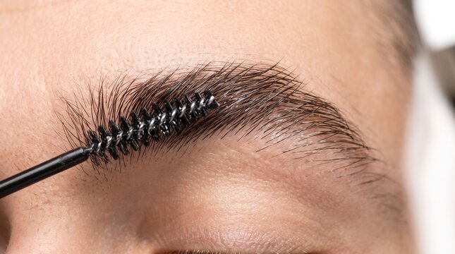Macro Close Up of Spoolie Brush Combing and Styling Eyebrow Hairs