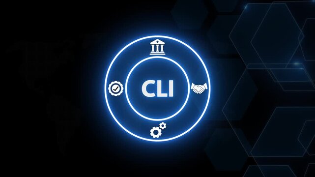 Cli business concept animation: digital interface with corporate and glowing neon circles command line interface