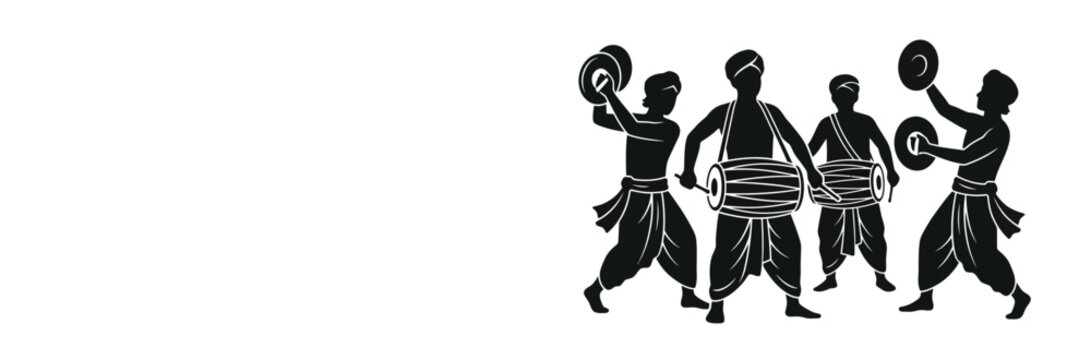 Silhouette of Indian Musicians Playing Traditional Drums and Cymbals for Jagannath Rath Yatra Festival