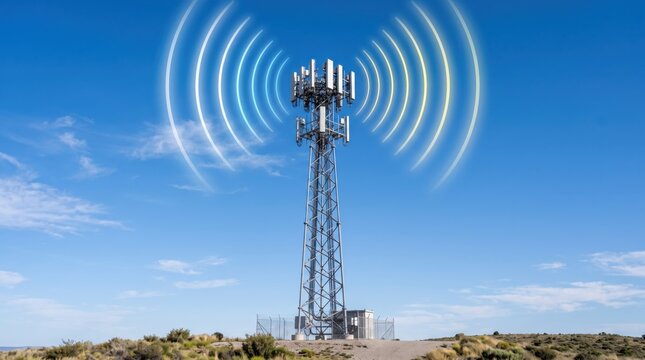 5G telecommunication tower emitting wireless signal waves against blue sky, mobile network infrastructure, radio frequency transmission antenna for cellular internet connectivity