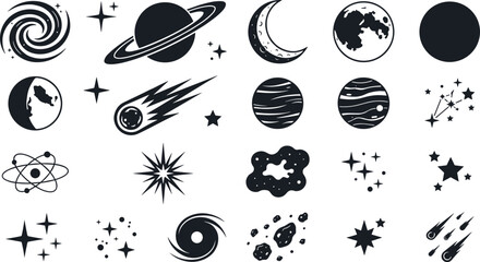 Black and White Space Vector Silhouette Set with Planets, Saturn, Crescent Moon, Galaxy Spirals, Meteors, Constellations, and Sparkly Celestial Star Icons © MdJalal