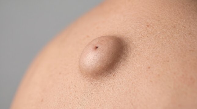 Close-up macro of epidermoid cyst lump on human skin with central punctum