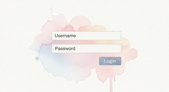 Online login screen with username and password fields over watercolor design