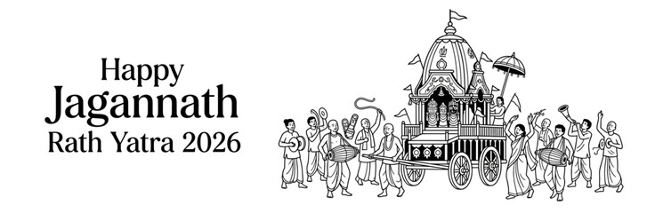 Obraz premium Happy Jagannath Rath Yatra 2026 Festival Celebration with Devotees and Chariot Line Art Illustration