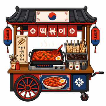 Korean tteokbokki food cart vector illustration set with street food stall, fish cake skewers, boiling hot pan, lanterns, and traditional elements