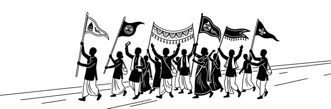 Black and White Vector of a Group Celebrating the Religious Jagannath Rath Yatra Festival Procession
