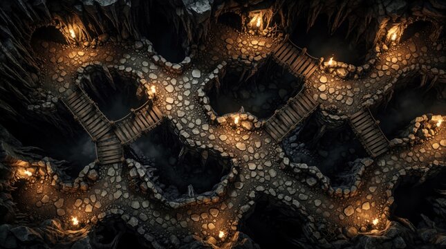 Top view of fantasy cave dungeon map for tabletop role playing games. Stone paths cross deep dark chasms using wooden bridges. Orange glowing torches light rocky terrain corridors for adventures.