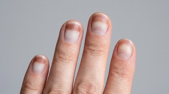 Macro close-up of fingernails showing Mees' lines or Terry's nails discoloration