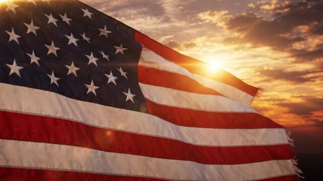 American flag waving against a sunset sky