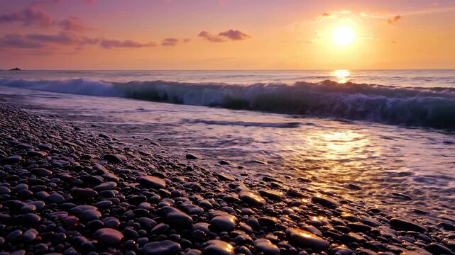 Waves crashing on pebble beach at sunset