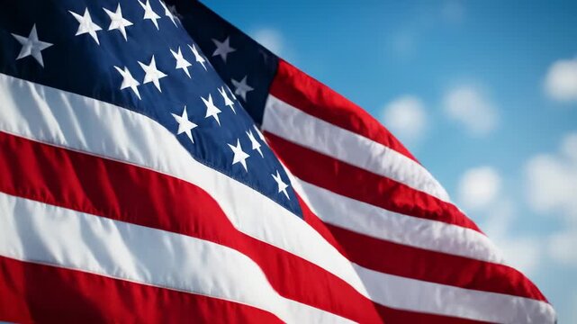 American flag waving against blue sky