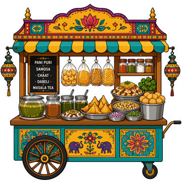 Indian street food cart vector illustration with samosas, pani puri, chaat, dabeli, masala tea, and traditional patterns