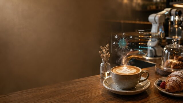  steaming cup of latte with latte art sits on a wooden table next to croissants and a small vase, enhanced by futuristic digital coffee data graphics.