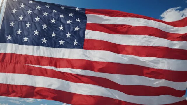 American flag waving in blue sky with clouds