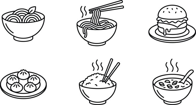 Asian food vector icon set containing noodle bowl hamburger dumpling dim sum rice and soup line art
