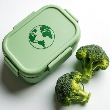 Green reusable bento box with earth globe logo next to fresh broccoli florets. Sustainable meal prep container for healthy eco friendly lifestyle, zero waste diet. Healthy organic vegetable food for