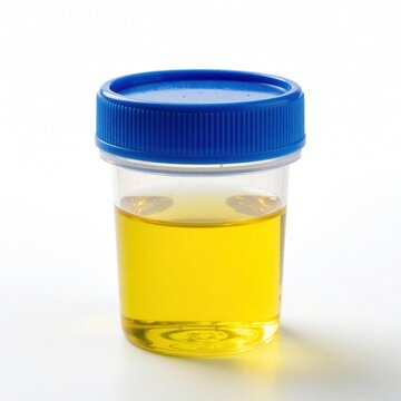 Plastic specimen cup with blue lid contains yellow urine liquid. Medical sample for lab analysis, health check, or diagnosis against white background.