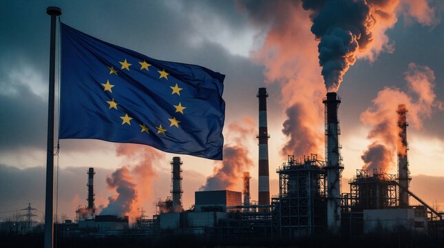 European Union flag waves before industrial complex at sunset. Smoke billows from factory chimneys into cloudy sky. Heavy manufacturing plant emits gases. Air pollution climate crisis impact on