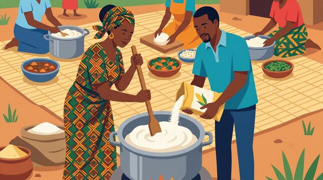 Couple preparing traditional Kenyan ugali in outdoor kitchen for community gathering