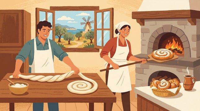 couple baking traditional ensaimada in cozy kitchen with scenic view