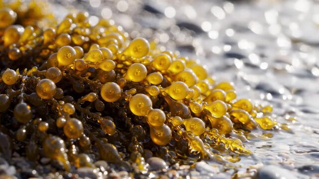 Golden seaweed bubbles washed by ocean waves