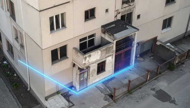 Aerial View of Dilapidated Apartment Building with Futuristic Blue Grid Overlay Indicating Renovation or Demolition Zone