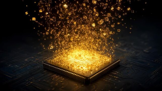 Golden data explosion abstract microchip glowing circuit technology innovation, futuristic gold particle energy, processor cube background digital