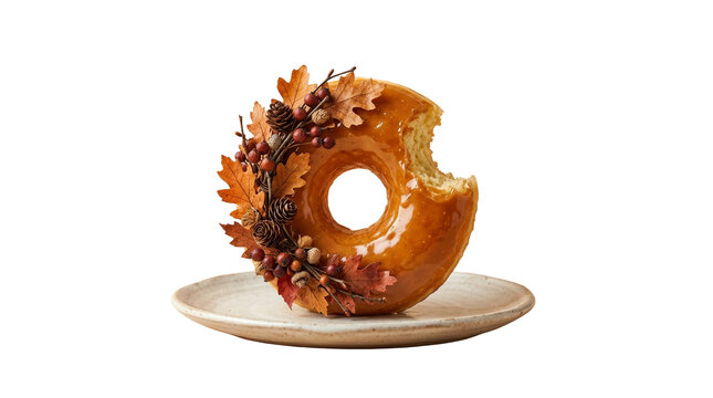 Glazed donut with fall foliage wreath on a plain plate on png background