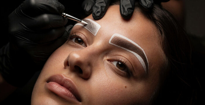 Beautician in black gloves draws outline on female client eyebrow before permanent makeup procedure. Professional specialist applies pigment with thin brush for tattoo correction. Cosmetologist works
