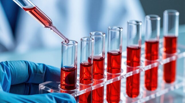 Technician in blue gloves holds pipette with red liquid above glass test tubes. Scientist performs medical blood analysis inside clinical laboratory. Researcher conducts scientific experiment for