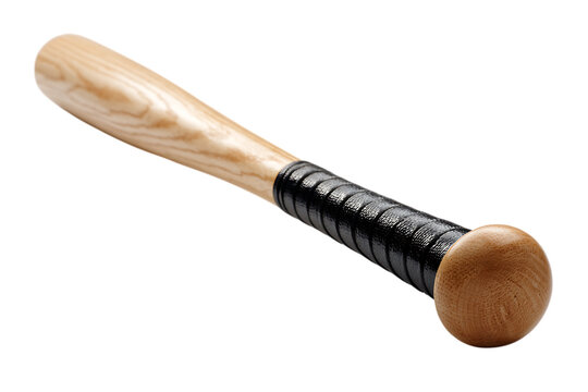 Wooden baseball bat with black grip tape against a dark background equipment