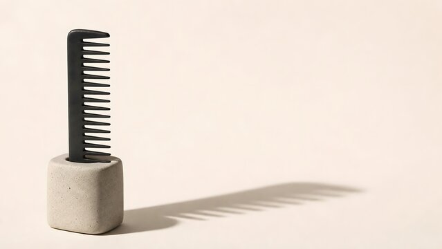 Black Hair Comb Standing in Stone Holder with Copy Space