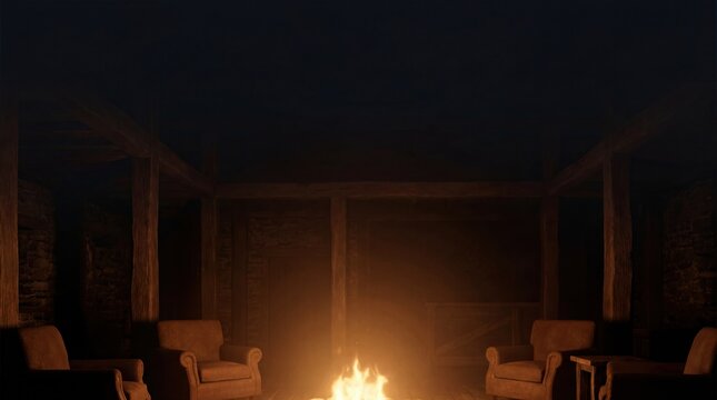 cozy firelight illuminating empty space in rustic cabin interior