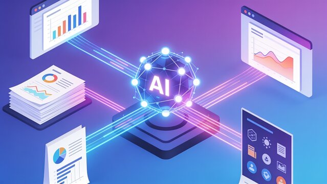 Isometric 3D illustration of generative AI creating business content