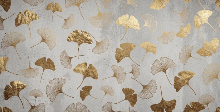 Gold ginkgo leaf pattern overlay on rough concrete surface. Elegant organic shapes on textured gray background. Modern decor element with metallic shine.