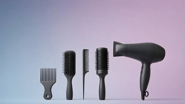 Black Hair Care Tools and Hair Dryer Set on Gradient Background