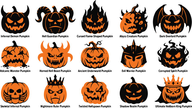 Set of scary halloween pumkin illustrations with various demonic expressions and dark fantasy monster designs for seasonal decor