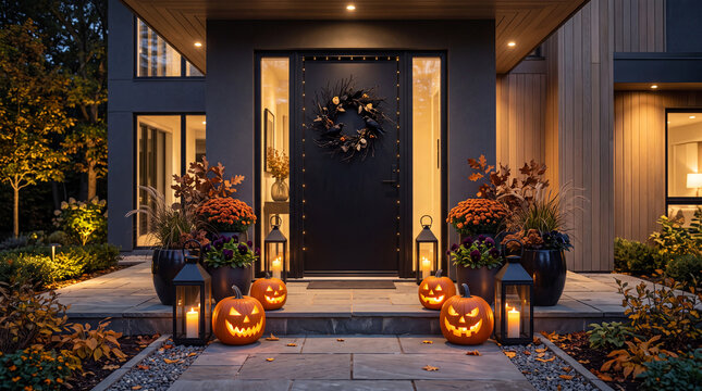 Elegant Modern Halloween Home Entrance with Seasonal Decorations