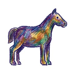Fototapeta premium Vibrant, colorful horse illustration with a playful, artistic crayon-like texture and aesthetic