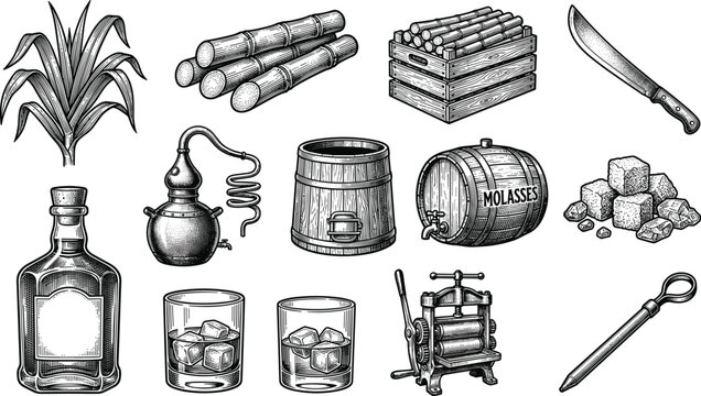 Sugarcane and Rum Production Vintage Engraving Vector Set with Distillation Alembic Molasses Barrel Machete Sugar Cubes and Alcohol Glasses for Bar Design